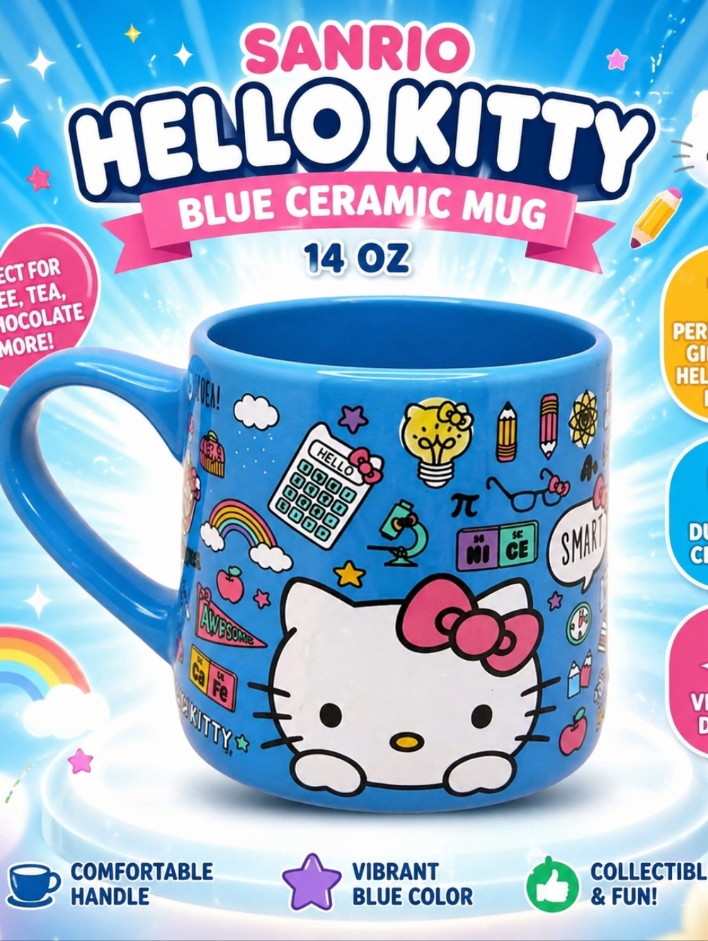 NEW Sanrio Hello Kitty Ceramic Coffee Tea Mug Blue 14 oz